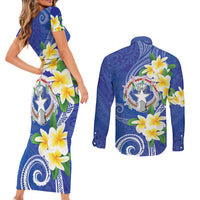 Northern Mariana Islands Chamorro Couples Matching Short Sleeve Bodycon Dress and Long Sleeve Button Shirt Plumeria Curves Style Navy Version LT05 - Polynesian Pride
