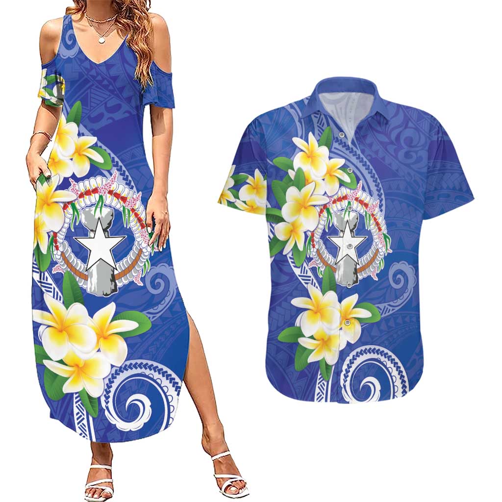 Northern Mariana Islands Chamorro Couples Matching Summer Maxi Dress and Hawaiian Shirt Plumeria Curves Style Navy Version LT05 Navy - Polynesian Pride