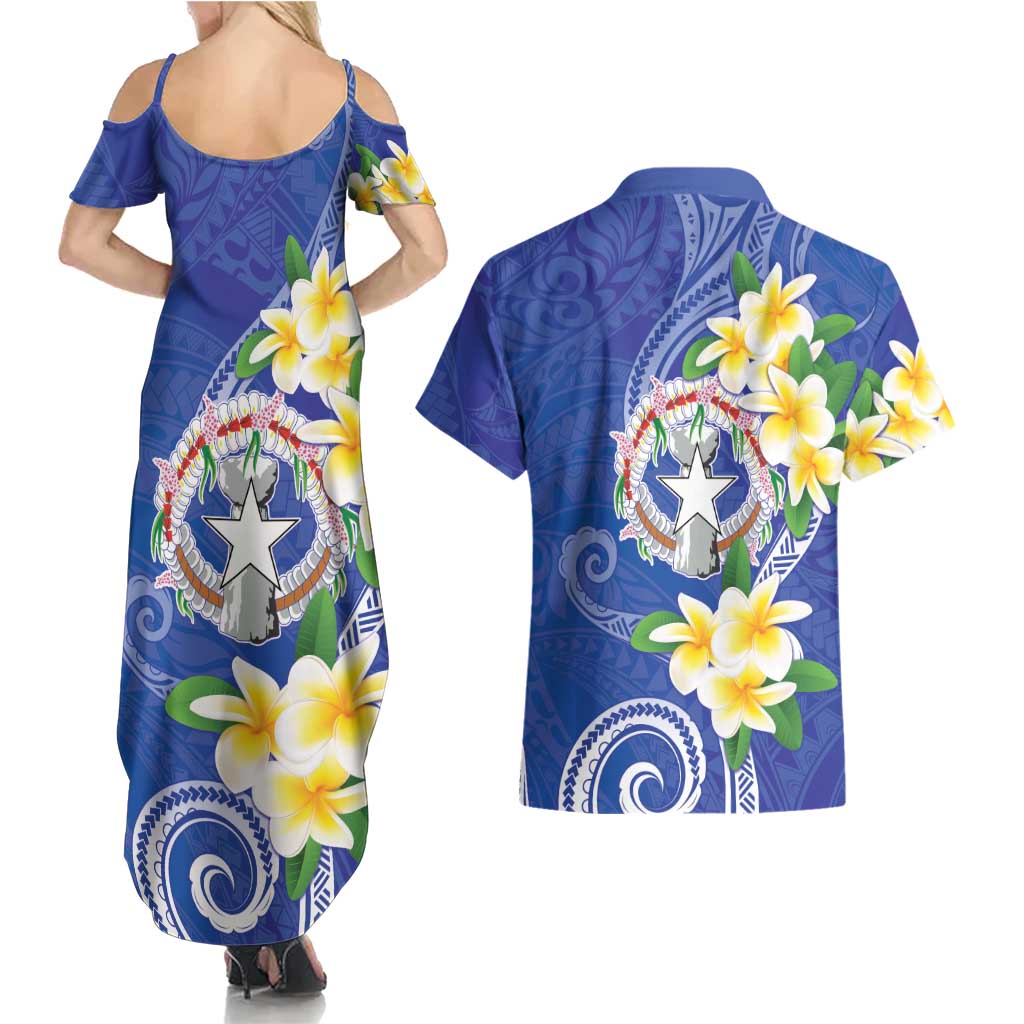 Northern Mariana Islands Chamorro Couples Matching Summer Maxi Dress and Hawaiian Shirt Plumeria Curves Style Navy Version LT05 - Polynesian Pride