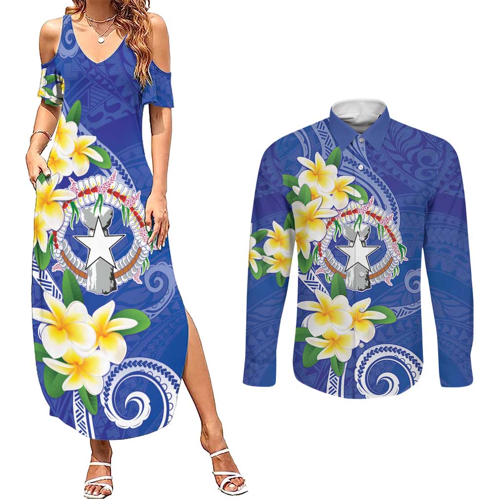 Northern Mariana Islands Chamorro Couples Matching Summer Maxi Dress and Long Sleeve Button Shirt Plumeria Curves Style Navy Version