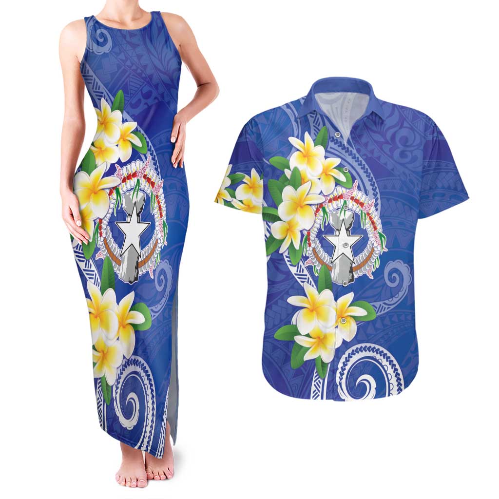 Northern Mariana Islands Chamorro Couples Matching Tank Maxi Dress and Hawaiian Shirt Plumeria Curves Style Navy Version LT05 Navy - Polynesian Pride