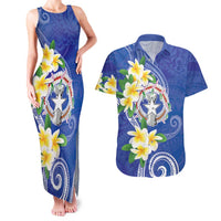 Northern Mariana Islands Chamorro Couples Matching Tank Maxi Dress and Hawaiian Shirt Plumeria Curves Style Navy Version LT05 Navy - Polynesian Pride