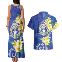 Northern Mariana Islands Chamorro Couples Matching Tank Maxi Dress and Hawaiian Shirt Plumeria Curves Style Navy Version LT05 - Polynesian Pride