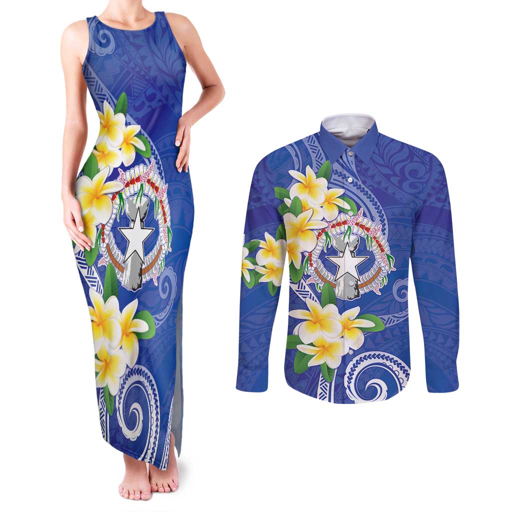 Northern Mariana Islands Chamorro Couples Matching Tank Maxi Dress and Long Sleeve Button Shirt Plumeria Curves Style Navy Version LT05 Navy - Polynesian Pride