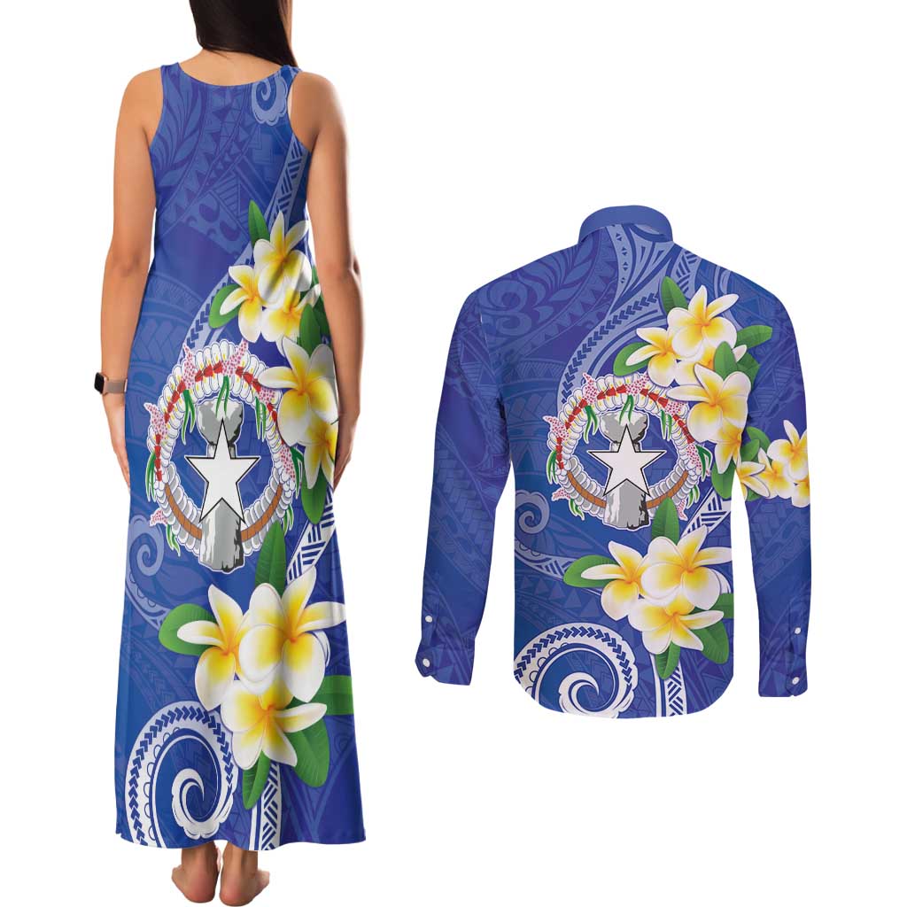 Northern Mariana Islands Chamorro Couples Matching Tank Maxi Dress and Long Sleeve Button Shirt Plumeria Curves Style Navy Version LT05 - Polynesian Pride