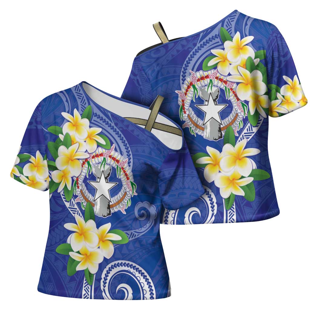 Northern Mariana Islands Chamorro Cross Shoulder Shirt Plumeria Curves Style Navy Version