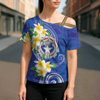 Northern Mariana Islands Chamorro Cross Shoulder Shirt Plumeria Curves Style Navy Version