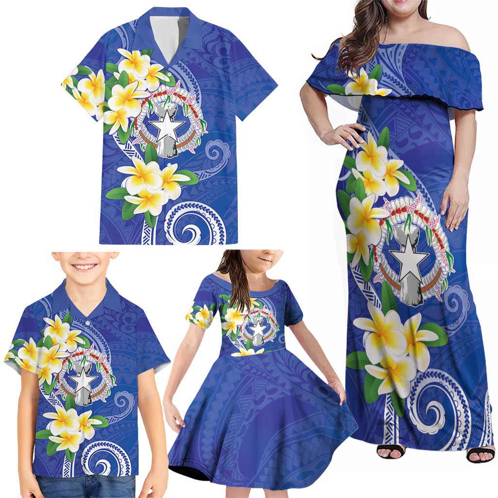 Northern Mariana Islands Chamorro Family Matching Off Shoulder Maxi Dress and Hawaiian Shirt Plumeria Curves Style Navy Version LT05 - Polynesian Pride