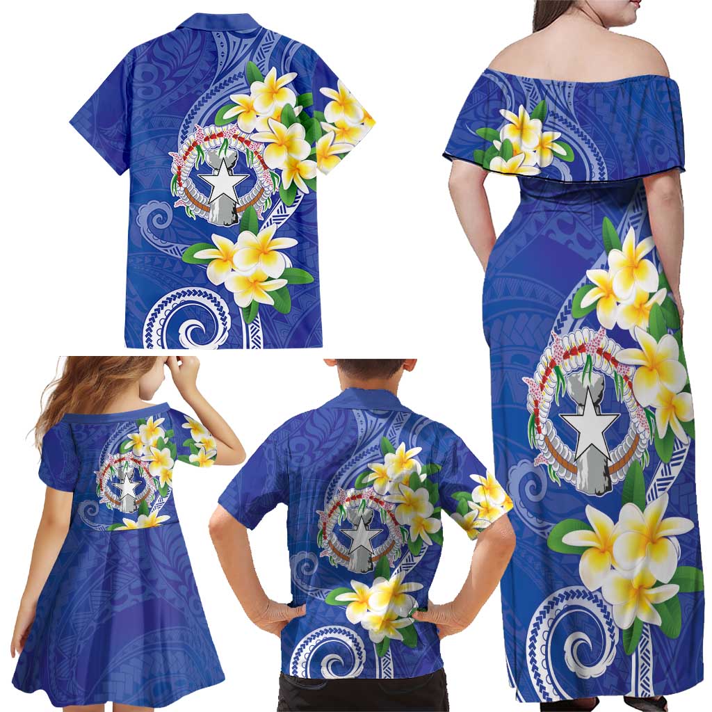 Northern Mariana Islands Chamorro Family Matching Off Shoulder Maxi Dress and Hawaiian Shirt Plumeria Curves Style Navy Version LT05 - Polynesian Pride