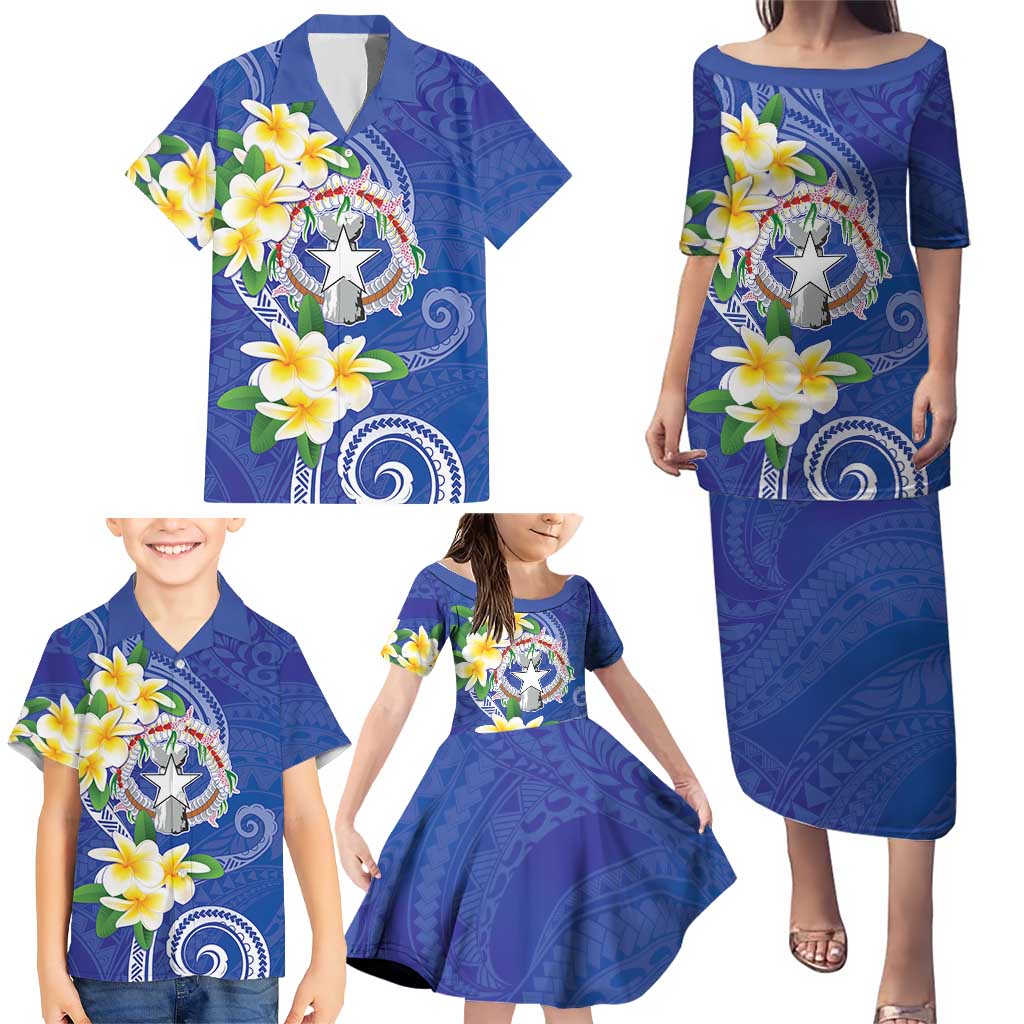 Northern Mariana Islands Chamorro Family Matching Puletasi and Hawaiian Shirt Plumeria Curves Style Navy Version LT05 - Polynesian Pride