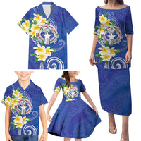 Northern Mariana Islands Chamorro Family Matching Puletasi and Hawaiian Shirt Plumeria Curves Style Navy Version LT05 - Polynesian Pride