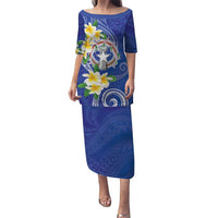 Northern Mariana Islands Chamorro Family Matching Puletasi and Hawaiian Shirt Plumeria Curves Style Navy Version LT05 Mom's Dress Navy - Polynesian Pride