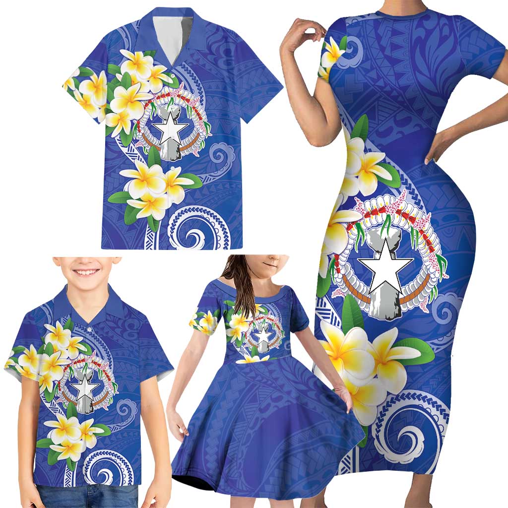 Northern Mariana Islands Chamorro Family Matching Short Sleeve Bodycon Dress and Hawaiian Shirt Plumeria Curves Style Navy Version LT05 - Polynesian Pride