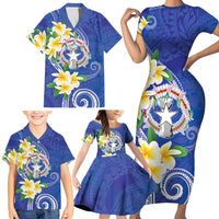 Northern Mariana Islands Chamorro Family Matching Short Sleeve Bodycon Dress and Hawaiian Shirt Plumeria Curves Style Navy Version LT05 - Polynesian Pride