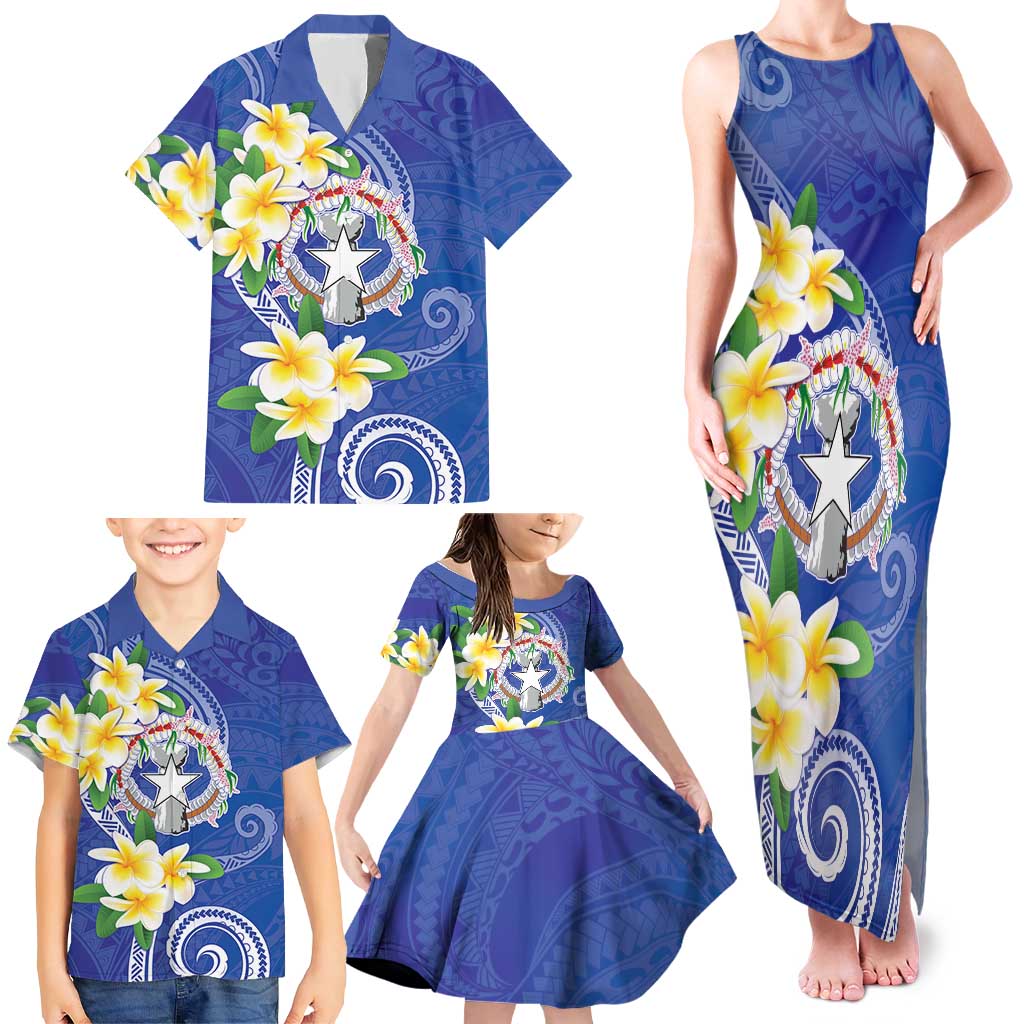 Northern Mariana Islands Chamorro Family Matching Tank Maxi Dress and Hawaiian Shirt Plumeria Curves Style Navy Version