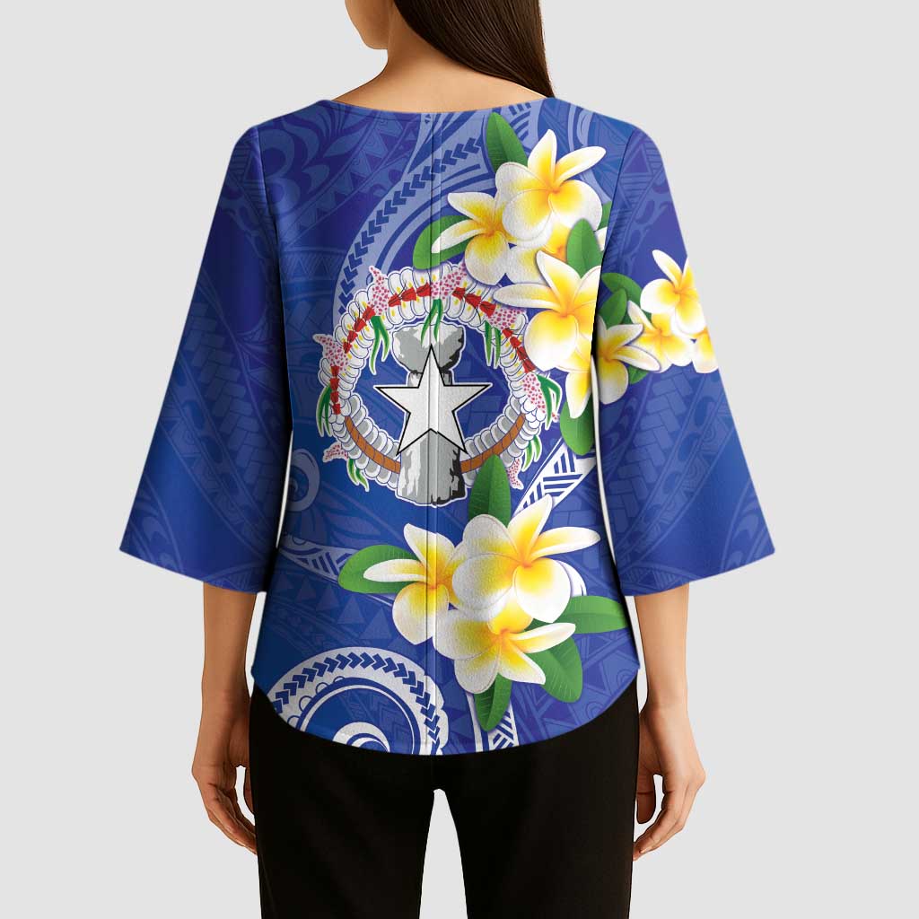 Northern Mariana Islands Chamorro Kimono Sleeve Blouse Plumeria Curves Style Navy Version