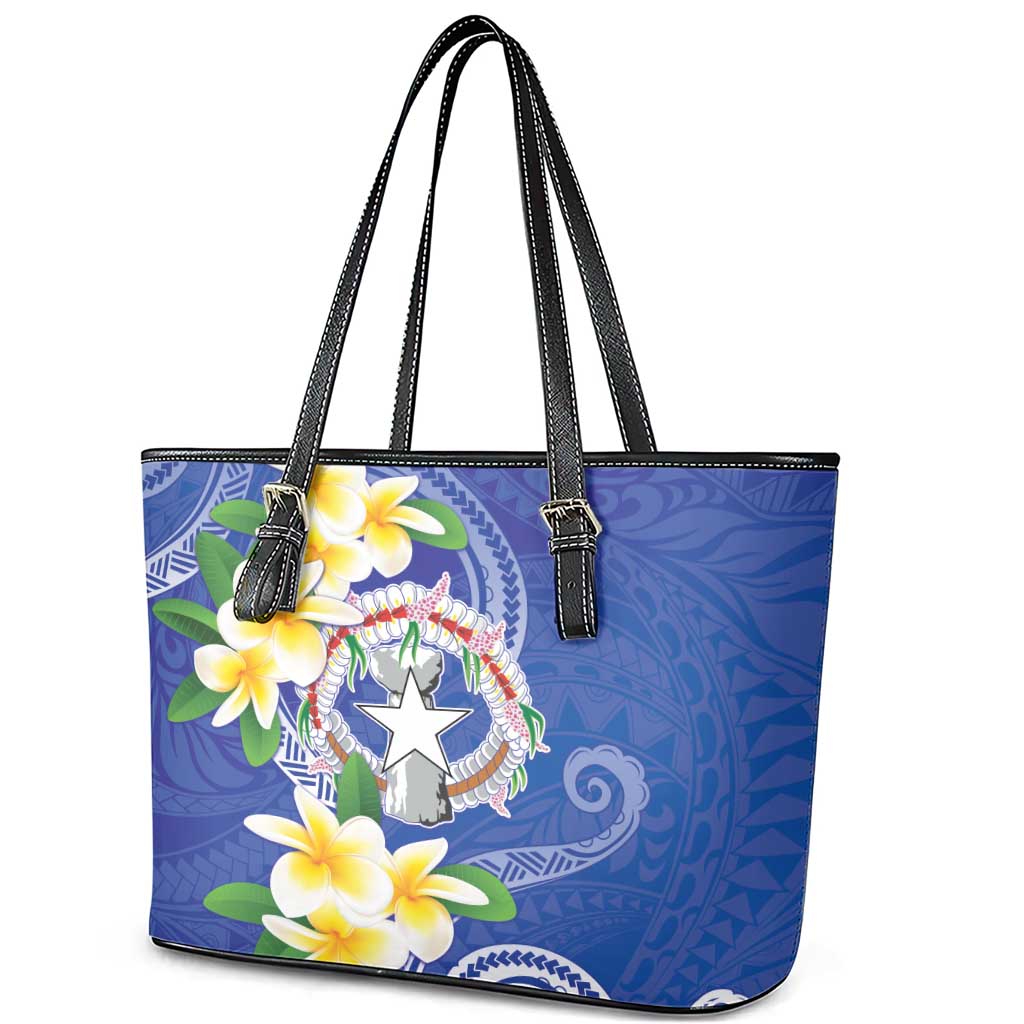 Northern Mariana Islands Chamorro Leather Tote Bag Plumeria Curves Style Navy Version