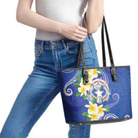 Northern Mariana Islands Chamorro Leather Tote Bag Plumeria Curves Style Navy Version