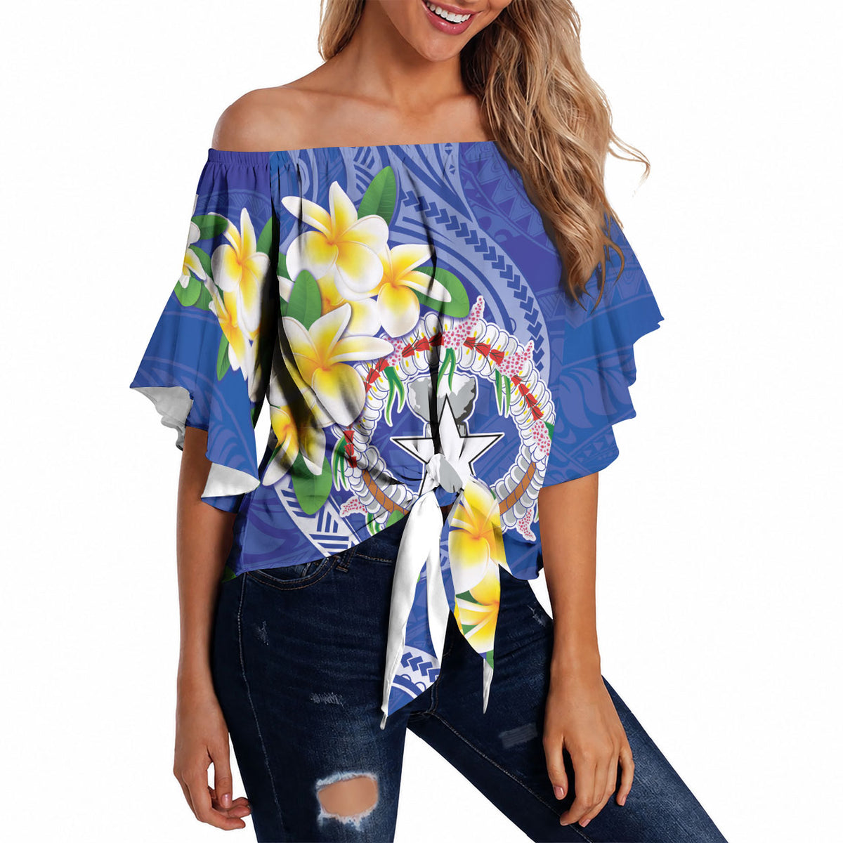 Northern Mariana Islands Chamorro Off Shoulder Wrap Waist Top Plumeria Curves Style Navy Version LT05 - Polynesian Pride