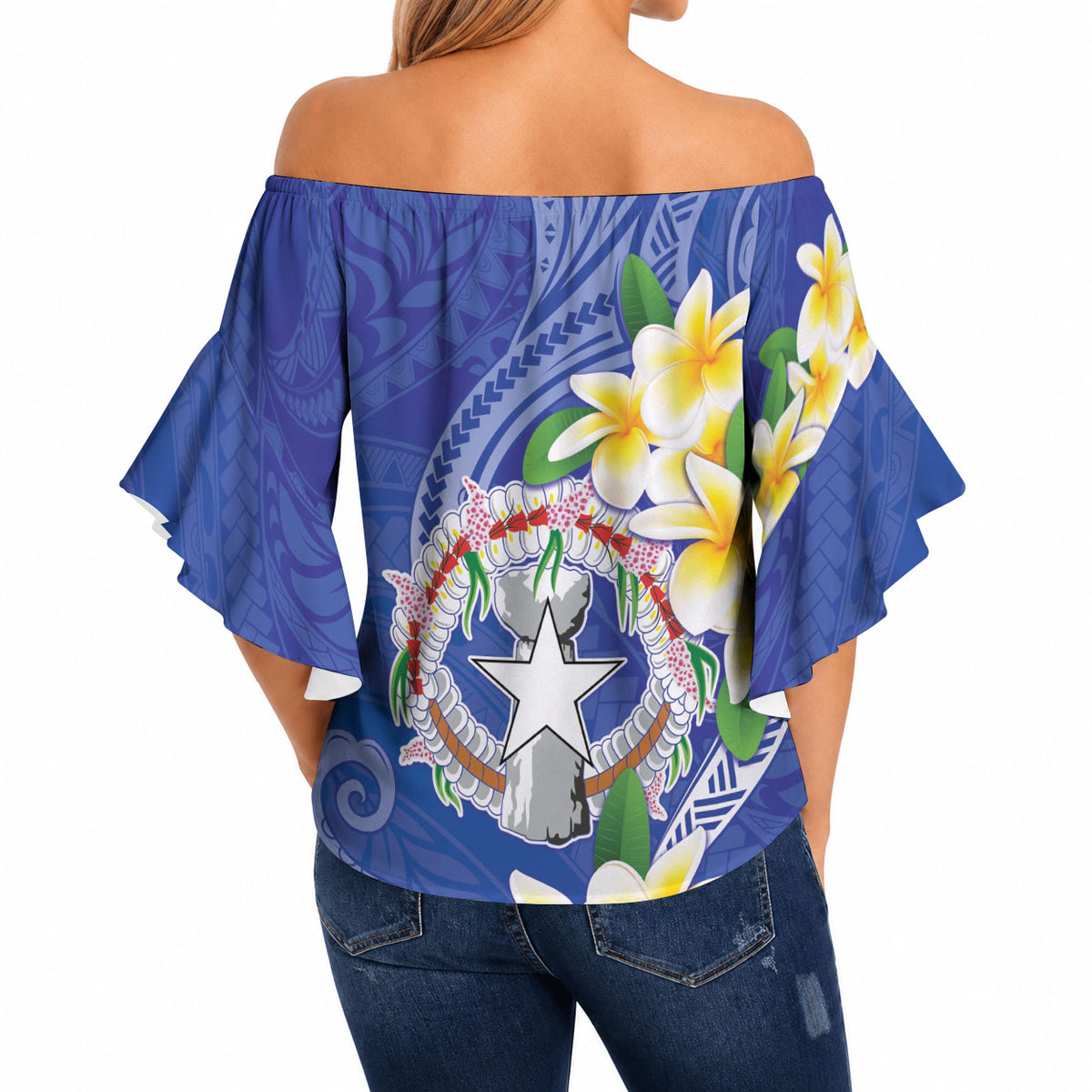 Northern Mariana Islands Chamorro Off Shoulder Wrap Waist Top Plumeria Curves Style Navy Version LT05 - Polynesian Pride