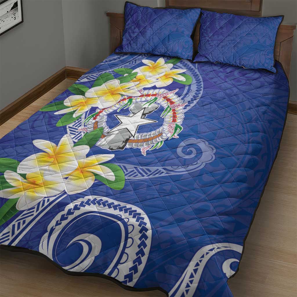 Northern Mariana Islands Chamorro Quilt Bed Set Plumeria Curves Style Navy Version