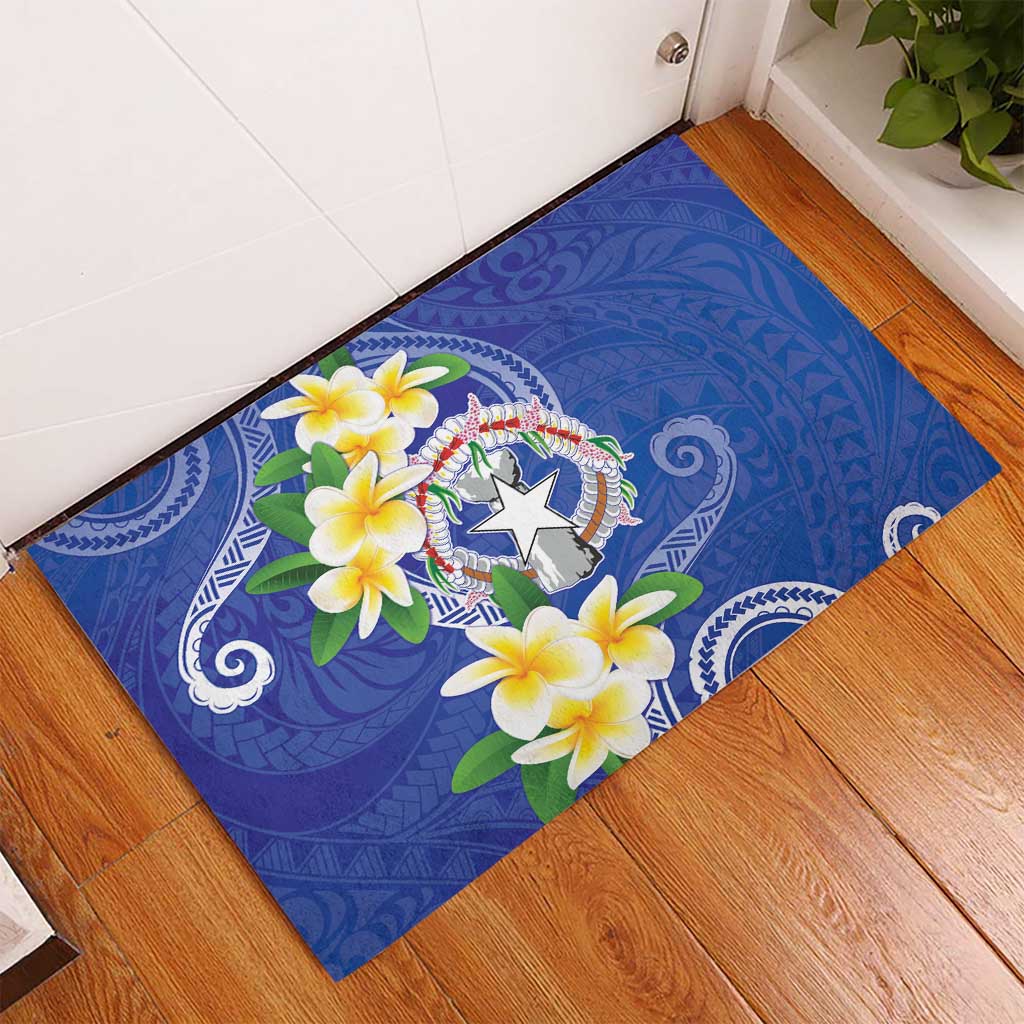 Northern Mariana Islands Chamorro Rubber Doormat Plumeria Curves Style Navy Version