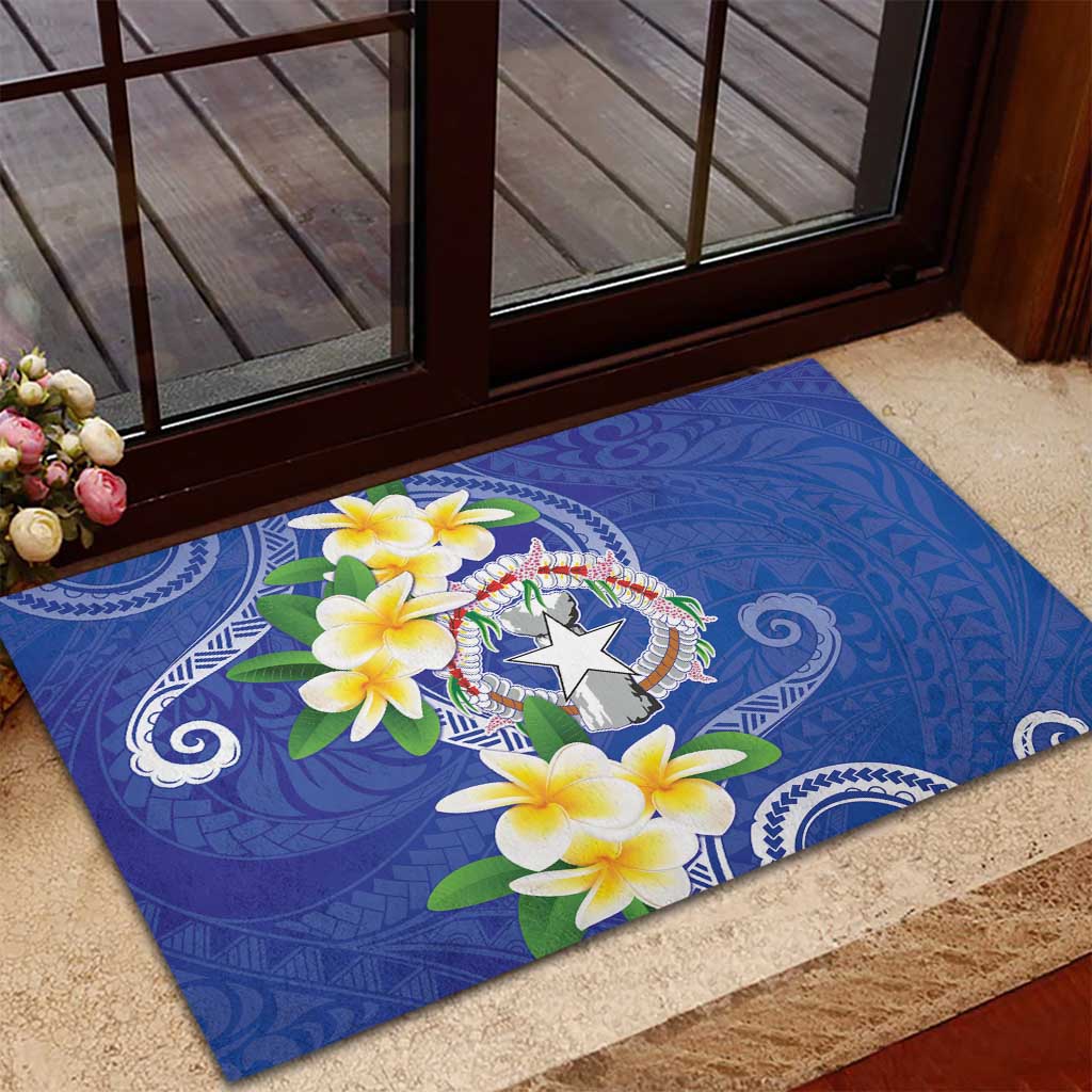 Northern Mariana Islands Chamorro Rubber Doormat Plumeria Curves Style Navy Version