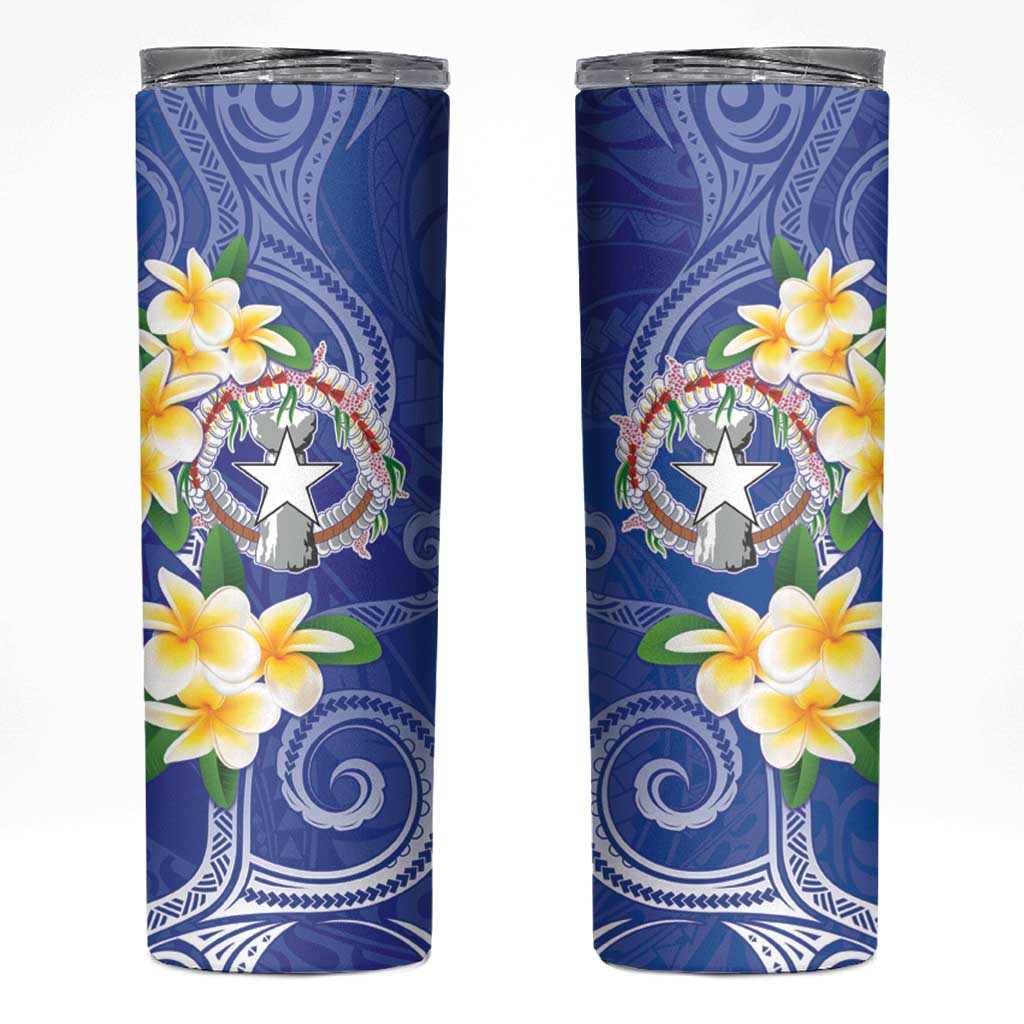 Northern Mariana Islands Chamorro Skinny Tumbler Plumeria Curves Style Navy Version