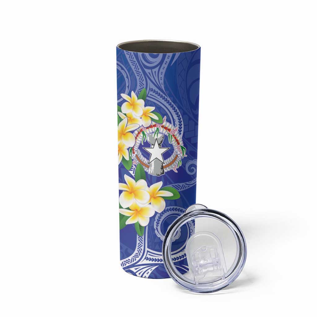 Northern Mariana Islands Chamorro Skinny Tumbler Plumeria Curves Style Navy Version