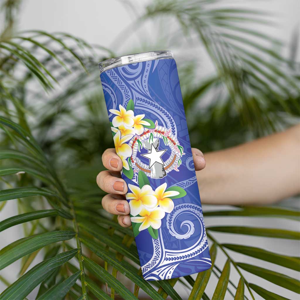 Northern Mariana Islands Chamorro Skinny Tumbler Plumeria Curves Style Navy Version