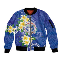 Northern Mariana Islands Chamorro Sleeve Zip Bomber Jacket Plumeria Curves Style Navy Version