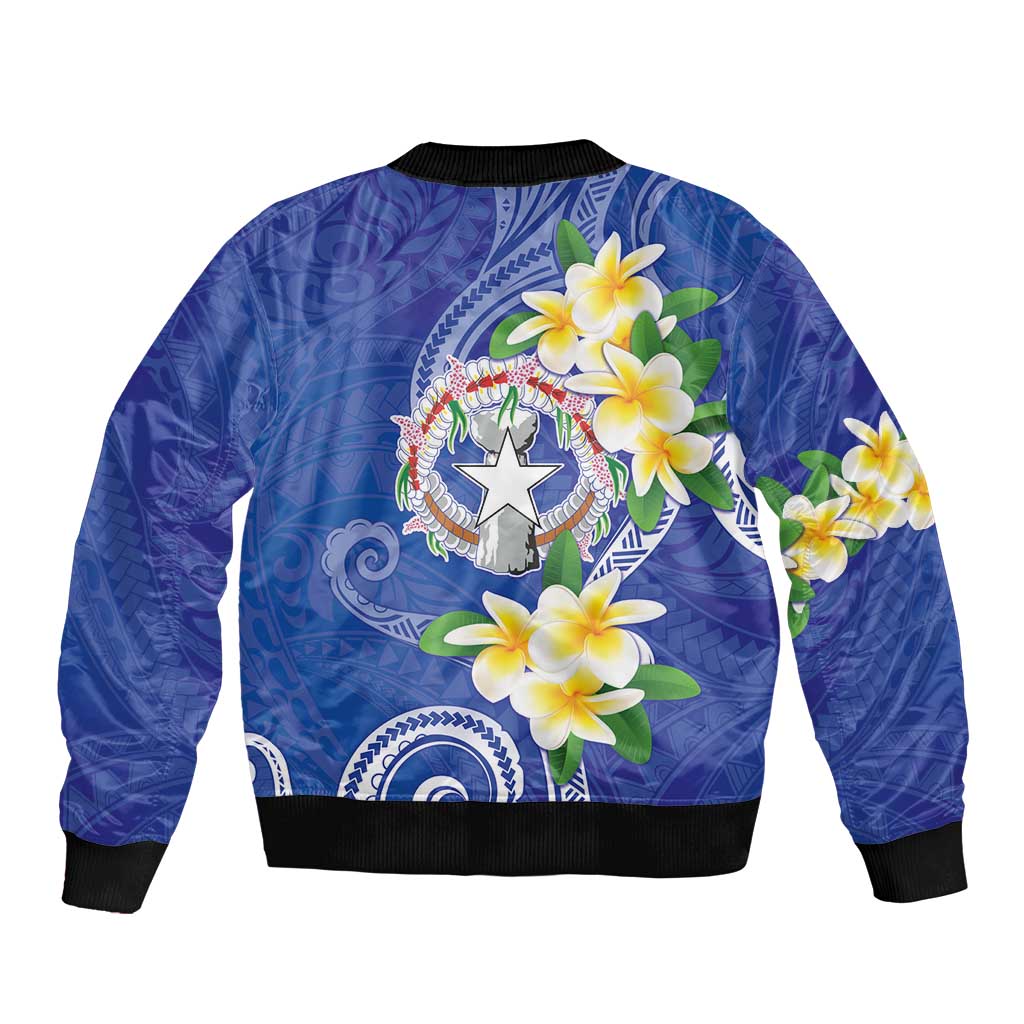Northern Mariana Islands Chamorro Sleeve Zip Bomber Jacket Plumeria Curves Style Navy Version