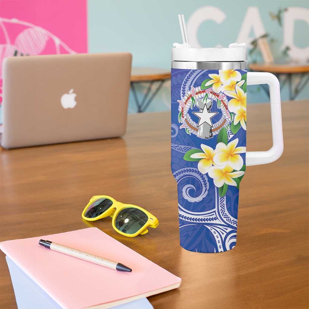 Northern Mariana Islands Chamorro Tumbler With Handle Plumeria Curves Style Navy Version