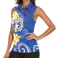 Northern Mariana Islands Chamorro Women Sleeveless Polo Shirt Plumeria Curves Style Navy Version LT05 - Polynesian Pride