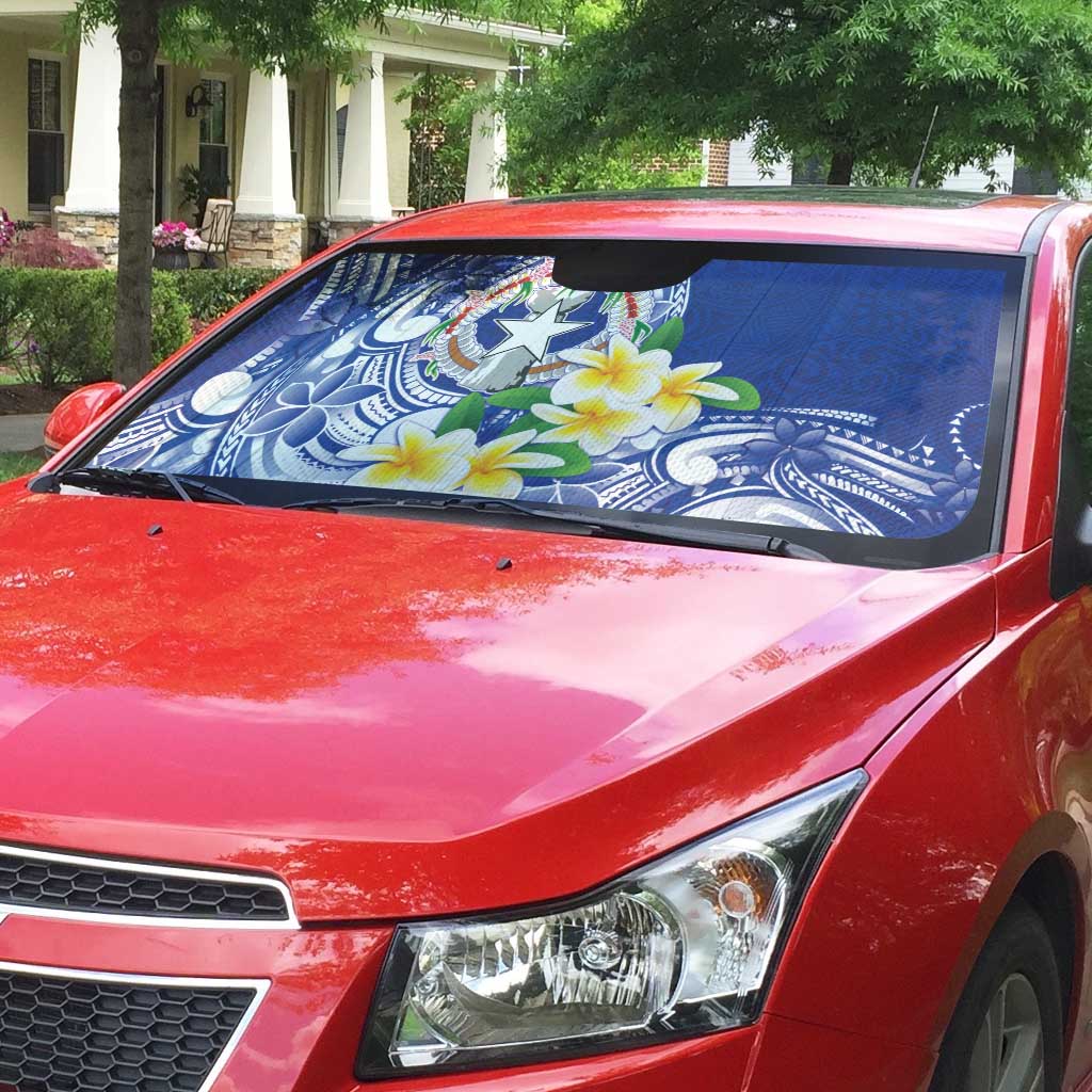Northern Mariana Islands Auto Sun Shade Polynesian Pattern With Frangipani