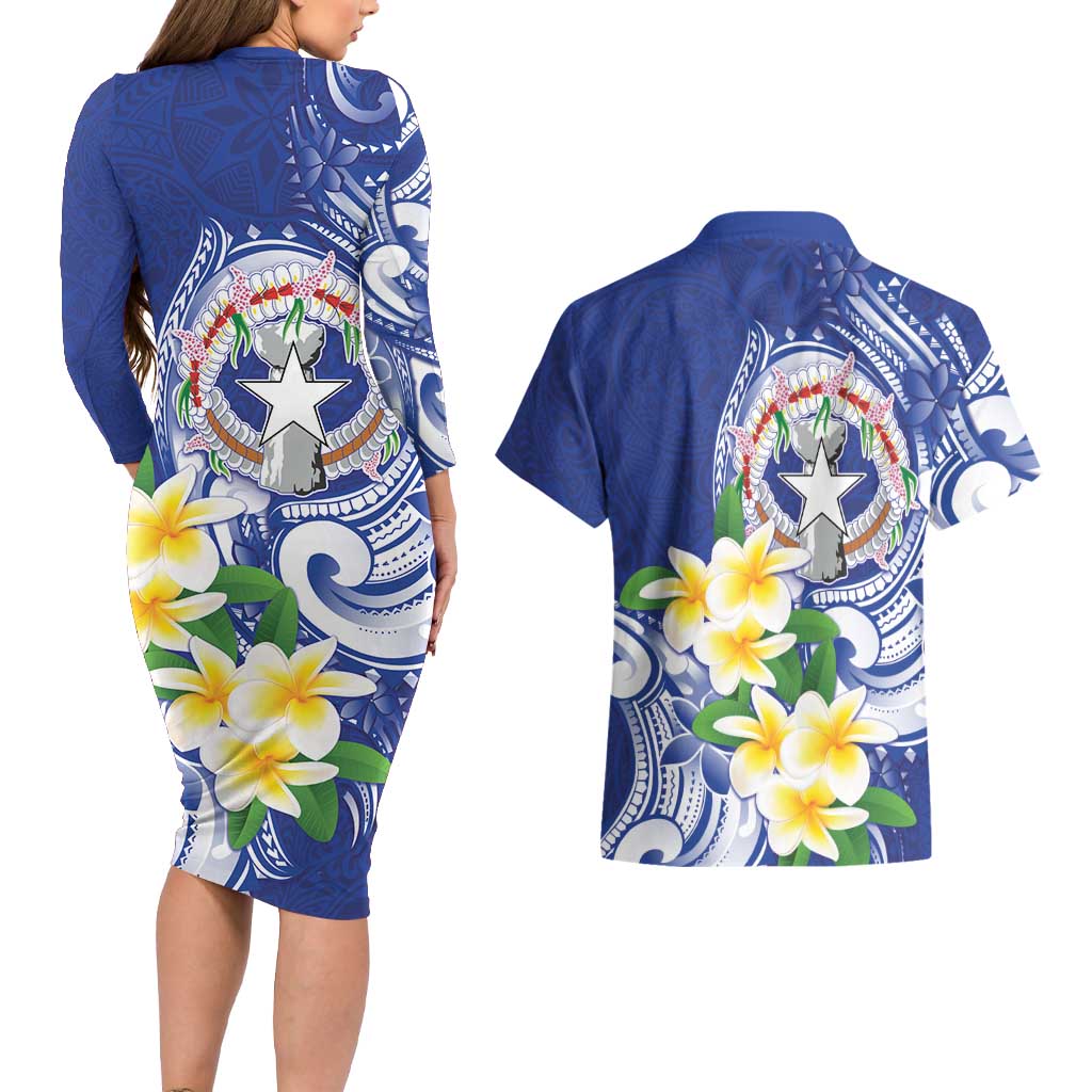 Northern Mariana Islands Couples Matching Long Sleeve Bodycon Dress and Hawaiian Shirt Polynesian Pattern With Frangipani