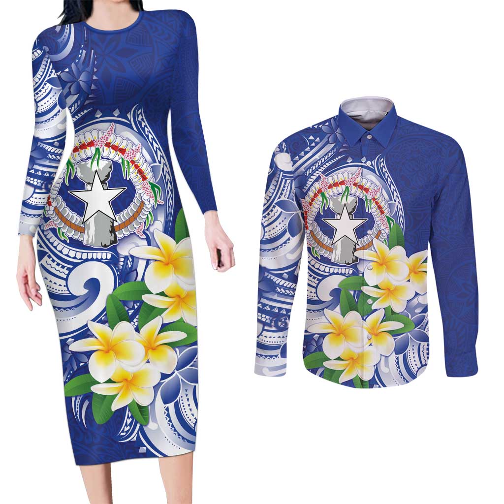 Northern Mariana Islands Couples Matching Long Sleeve Bodycon Dress and Long Sleeve Button Shirt Polynesian Pattern With Frangipani