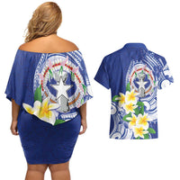 Northern Mariana Islands Couples Matching Off Shoulder Short Dress and Hawaiian Shirt Polynesian Pattern With Frangipani