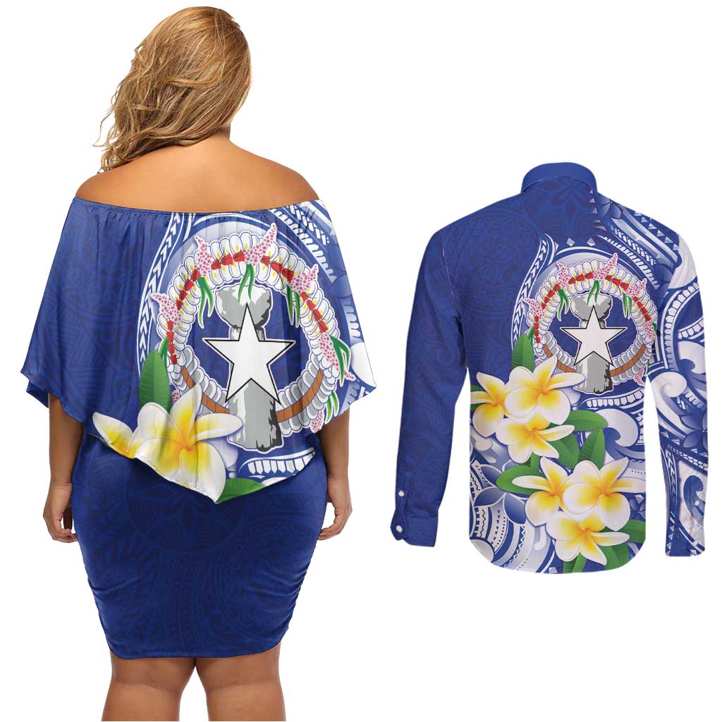 Northern Mariana Islands Couples Matching Off Shoulder Short Dress and Long Sleeve Button Shirt Polynesian Pattern With Frangipani LT05 - Polynesian Pride
