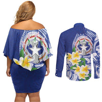 Northern Mariana Islands Couples Matching Off Shoulder Short Dress and Long Sleeve Button Shirt Polynesian Pattern With Frangipani LT05 - Polynesian Pride