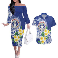 Northern Mariana Islands Couples Matching Off The Shoulder Long Sleeve Dress and Hawaiian Shirt Polynesian Pattern With Frangipani LT05 Navy - Polynesian Pride