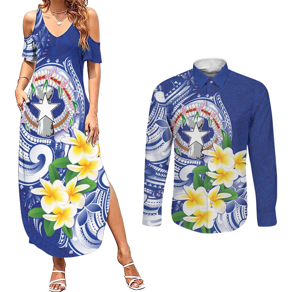 Northern Mariana Islands Couples Matching Summer Maxi Dress and Long Sleeve Button Shirt Polynesian Pattern With Frangipani