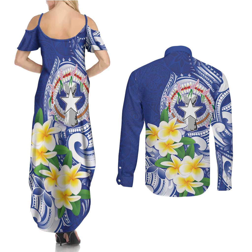 Northern Mariana Islands Couples Matching Summer Maxi Dress and Long Sleeve Button Shirt Polynesian Pattern With Frangipani