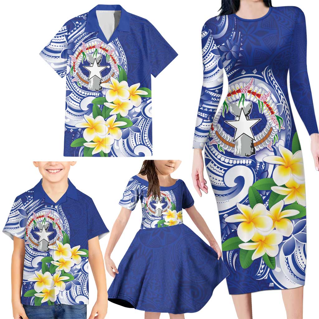Northern Mariana Islands Family Matching Long Sleeve Bodycon Dress and Hawaiian Shirt Polynesian Pattern With Frangipani LT05 - Polynesian Pride
