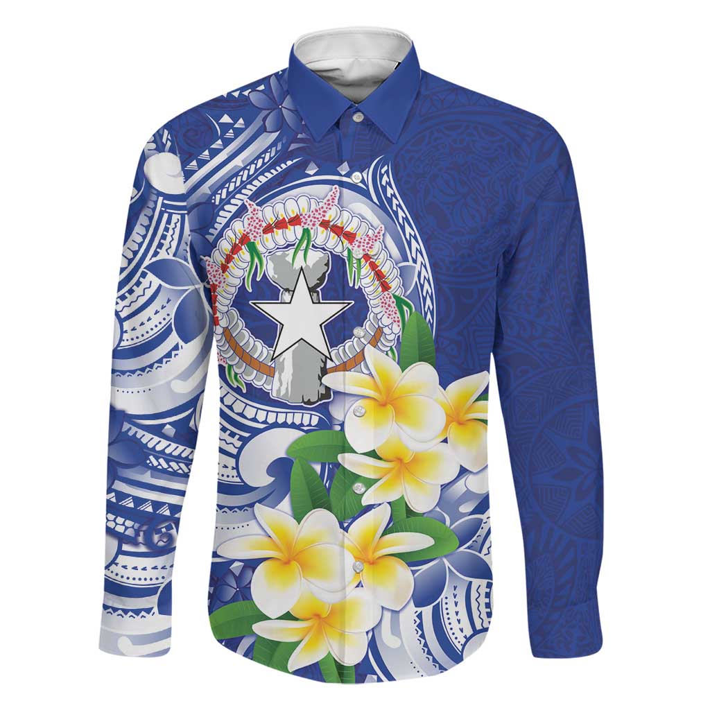 Northern Mariana Islands Family Matching Mermaid Dress and Hawaiian Shirt Polynesian Pattern With Frangipani LT05 Dad's Shirt - Long Sleeve Navy - Polynesian Pride