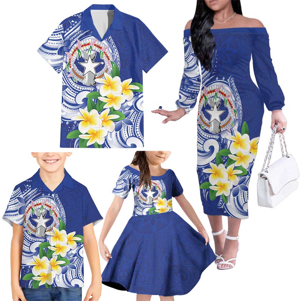 Northern Mariana Islands Family Matching Off The Shoulder Long Sleeve Dress and Hawaiian Shirt Polynesian Pattern With Frangipani LT05 - Polynesian Pride