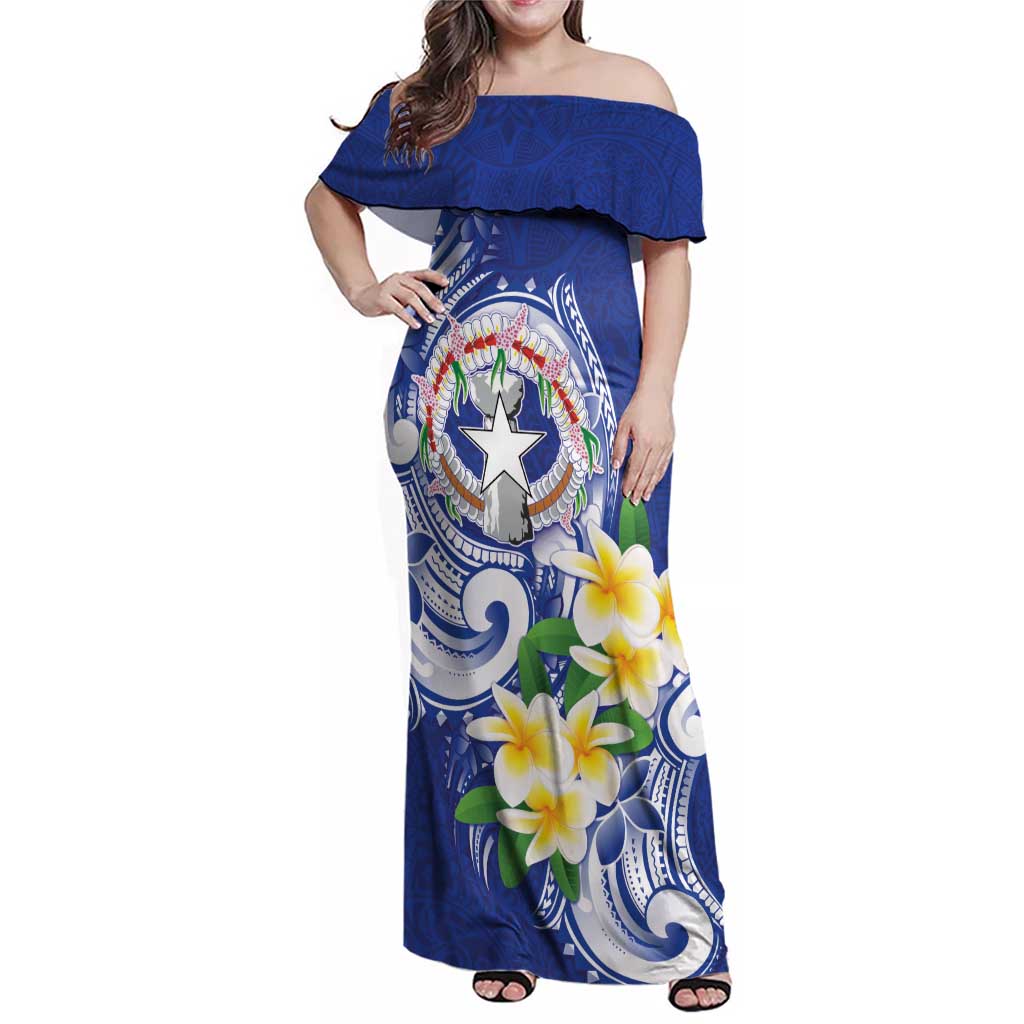 Northern Mariana Islands Family Matching Off Shoulder Maxi Dress and Hawaiian Shirt Polynesian Pattern With Frangipani LT05 Mom's Dress Navy - Polynesian Pride