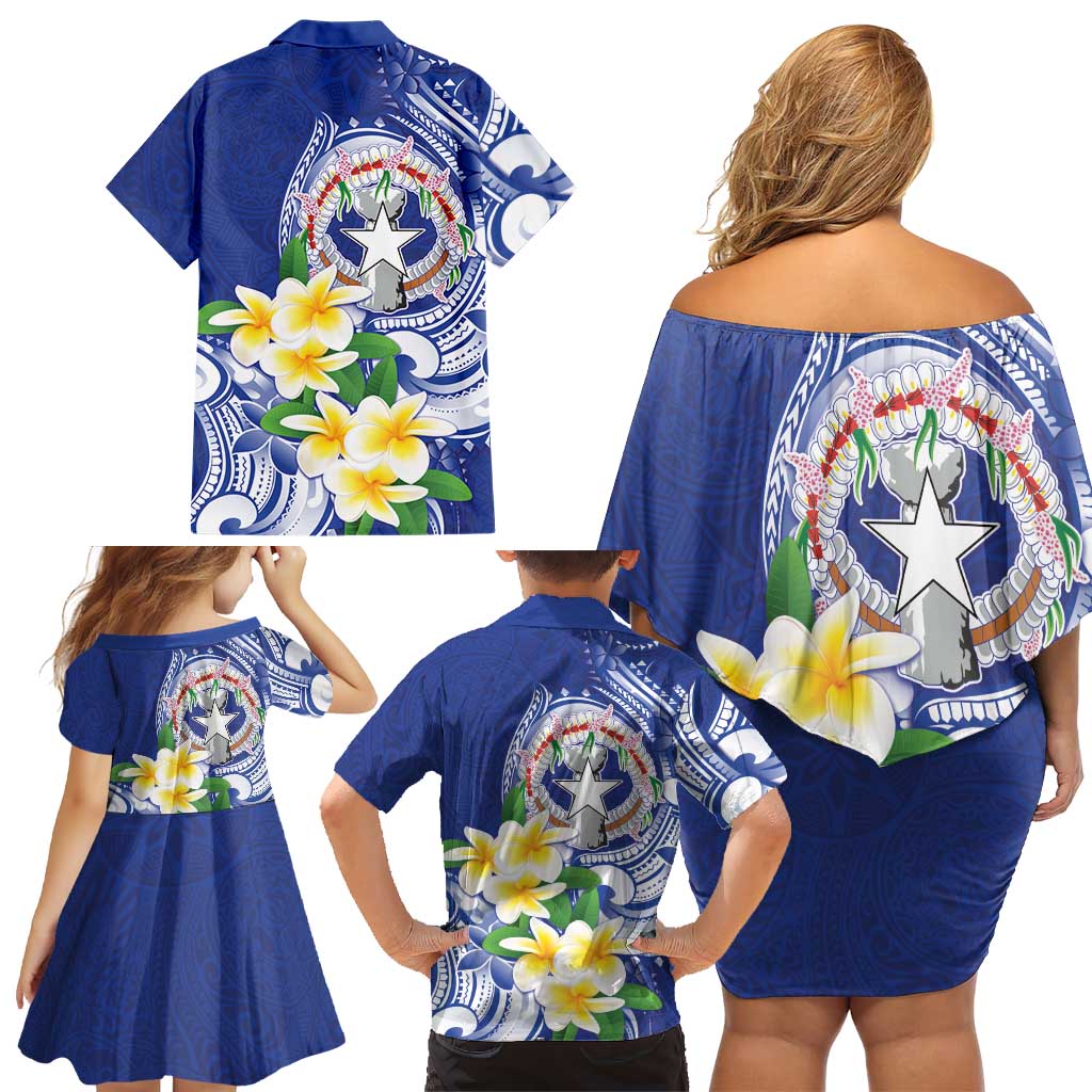 Northern Mariana Islands Family Matching Off Shoulder Short Dress and Hawaiian Shirt Polynesian Pattern With Frangipani LT05 - Polynesian Pride