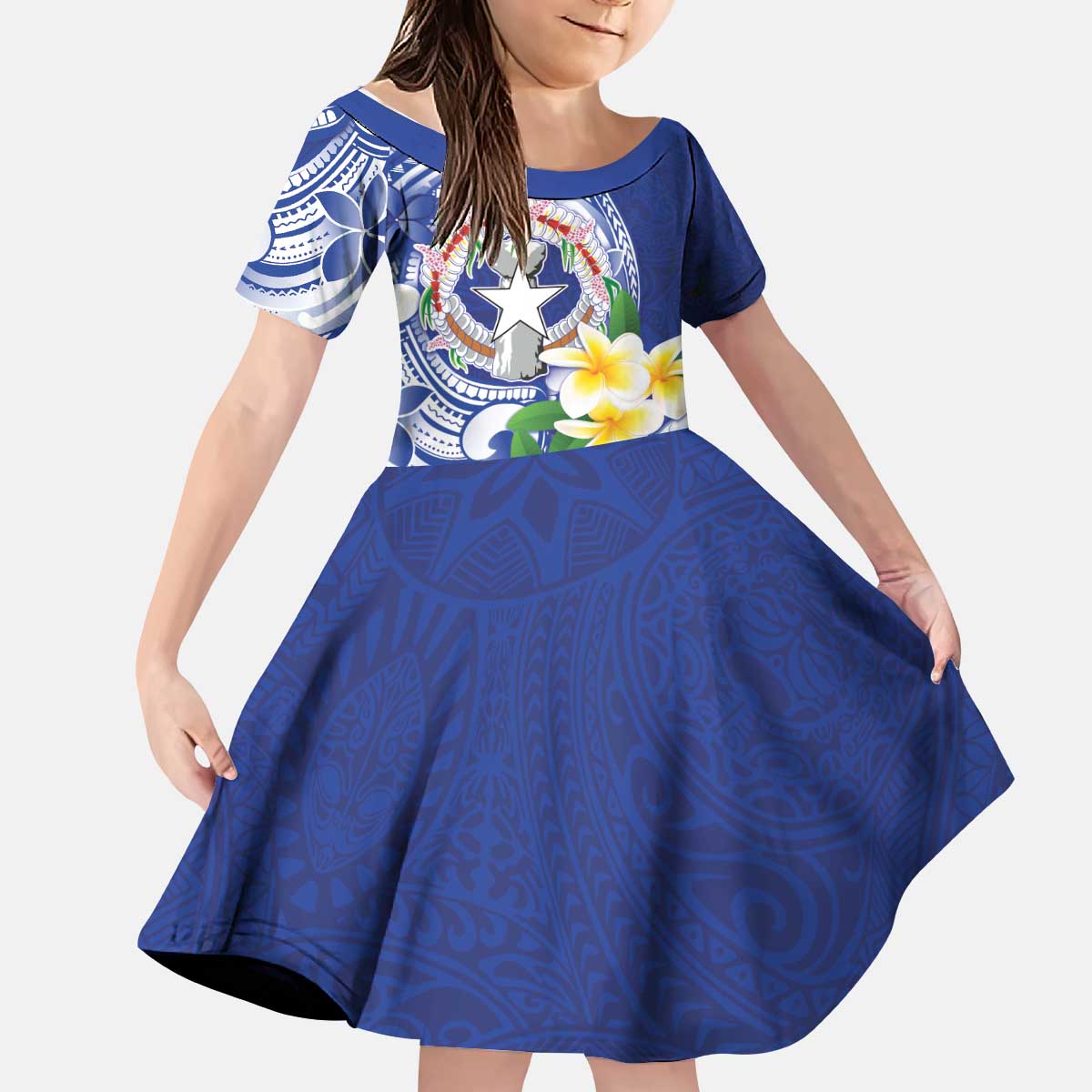 Northern Mariana Islands Kid Short Sleeve Dress Polynesian Pattern With Frangipani LT05 KID Navy - Polynesian Pride