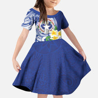 Northern Mariana Islands Kid Short Sleeve Dress Polynesian Pattern With Frangipani LT05 KID Navy - Polynesian Pride